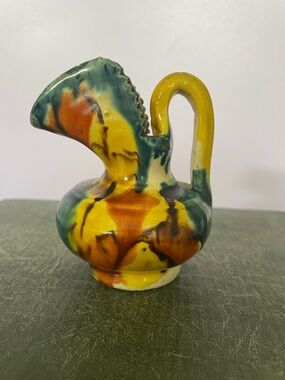 Small vintage Mexican drip glaze ceramic pitcher